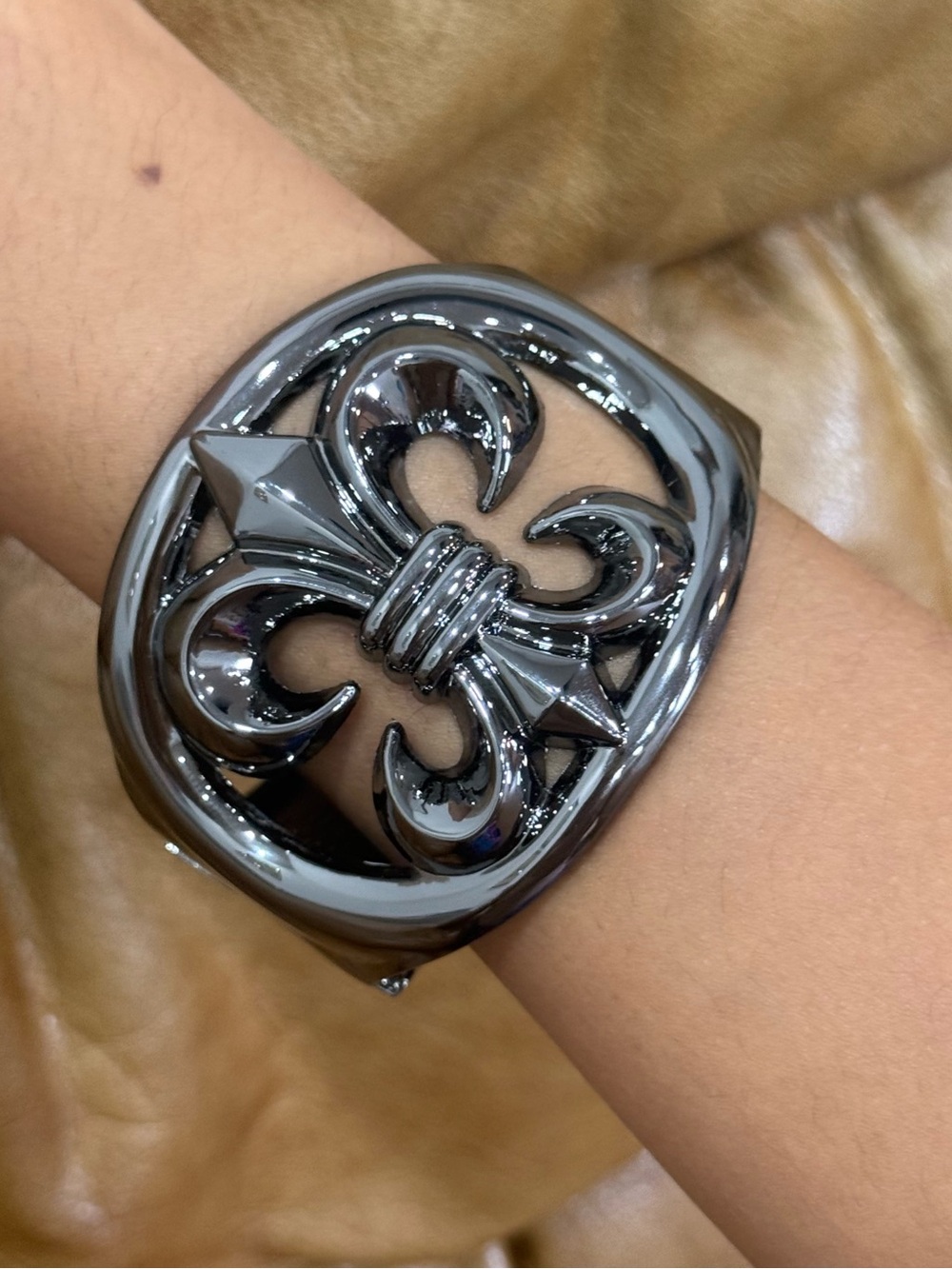 Fleur-Accent Cuff Watch Bracelet in Gunmetal